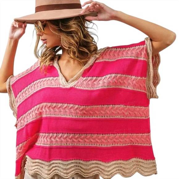 NEW BIBI stripe waved hem crochet hoodie in fuschia - Picture 4 of 4